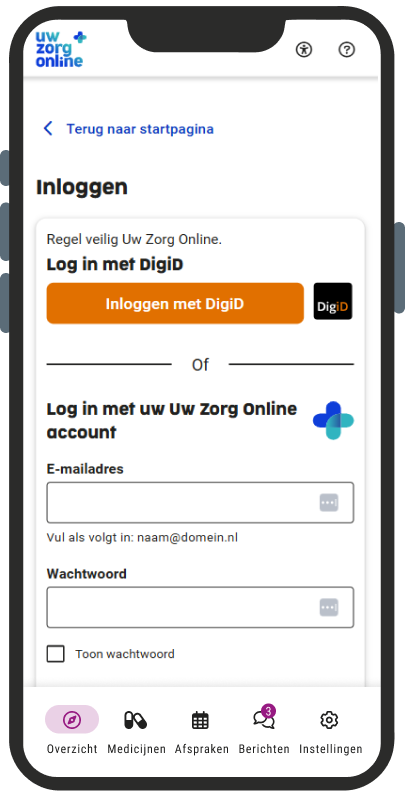 De afbeelding toont een inlogscherm van "Uw Zorg Online" op een mobiele interface. Gebruikers kunnen inloggen met DigiD via een prominente oranje knop,