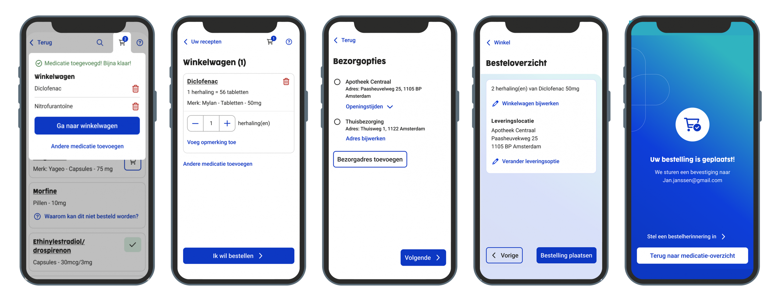 Schermafbeelding van de vernieuwde medicatie-overzichtspagina in de Uw Zorg Online-app, met een lijst van actuele recepten, inclusief medicijnnamen, doseringen en bestelstatus.