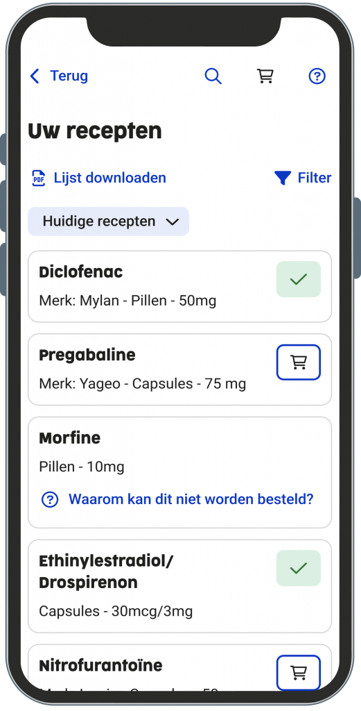 Schermafbeelding van de vernieuwde medicatie-overzichtspagina in de Uw Zorg Online-app, met een lijst van actuele recepten, inclusief medicijnnamen, doseringen en bestelstatus.