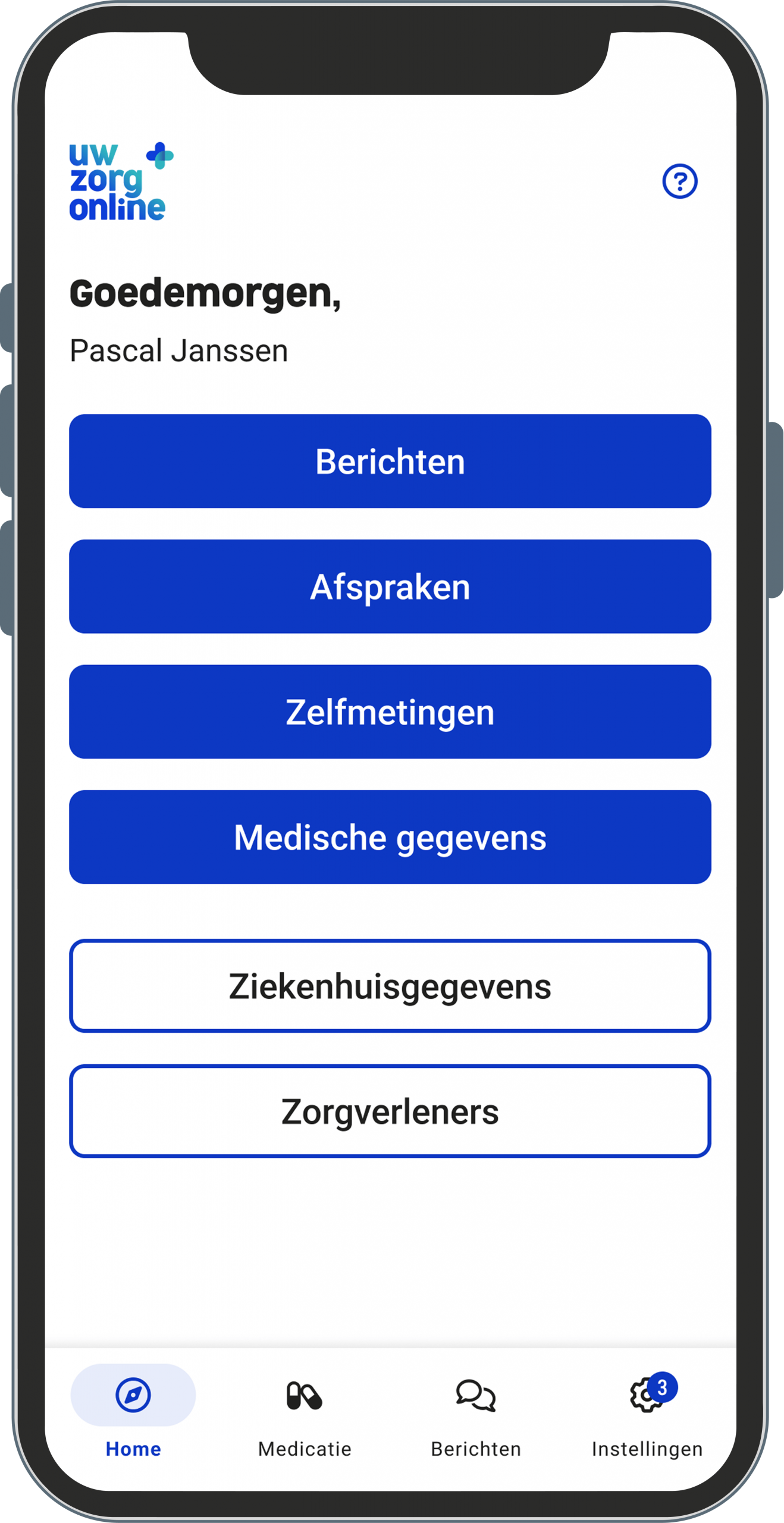 Afbeelding van de Uw Zorg Online app met zorgzaken als Medicijnen, Berichten, Afspraken, Dossier en Metingen.