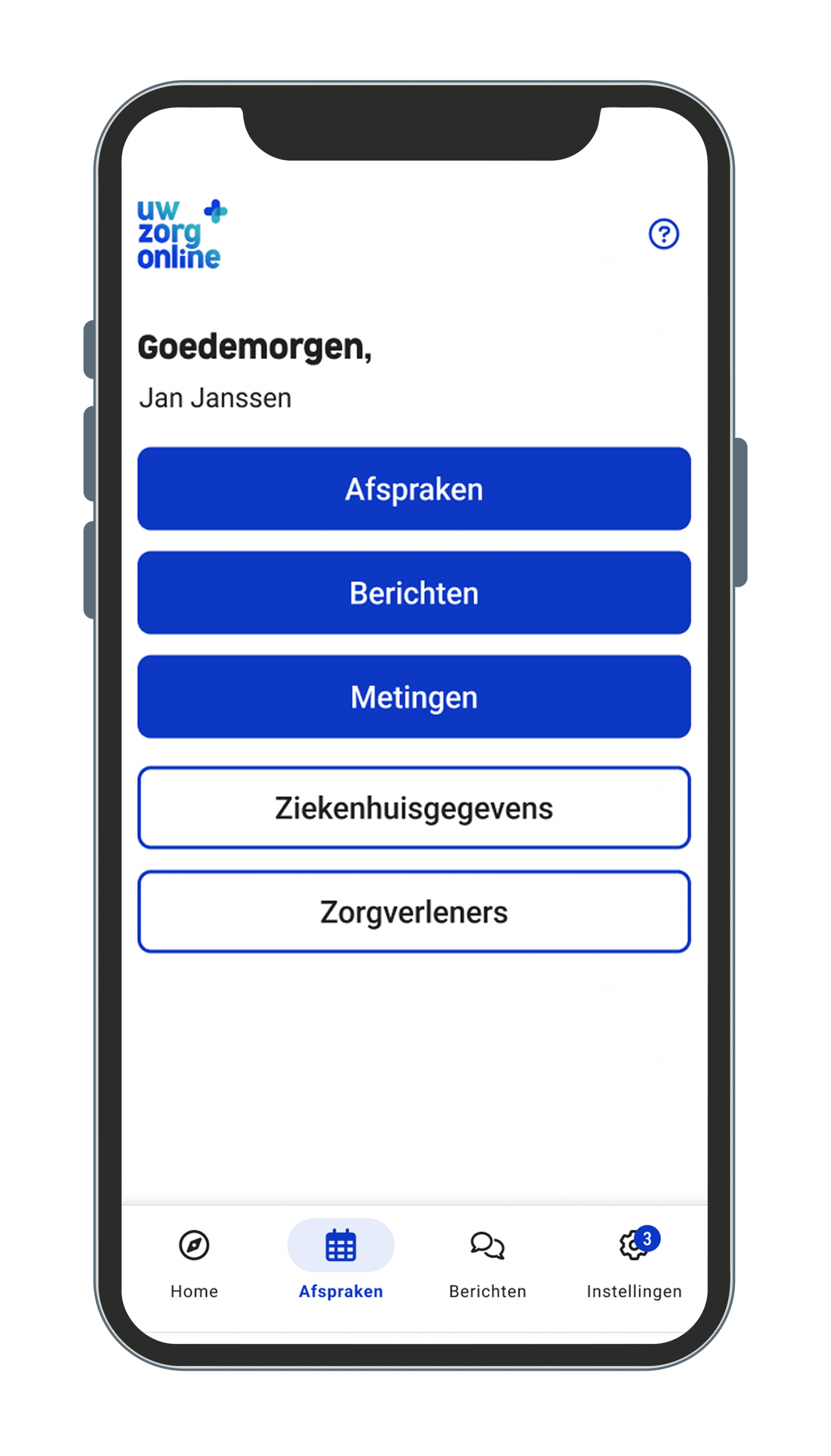 Afbeelding van de Uw Zorg Online app met zorgzaken als Medicijnen, Berichten, Afspraken, Dossier en Metingen.
